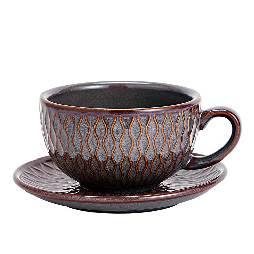 Coffeezone Vintage 12 oz Latte Art Cup & Saucer – Embossed Beige
