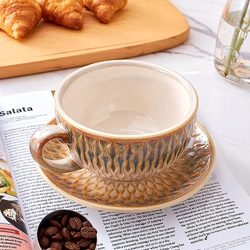 Coffeezone Vintage 12 oz Latte Art Cup & Saucer – Embossed Beige