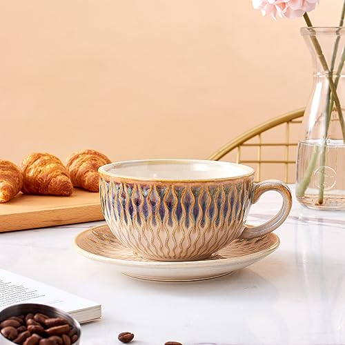 Coffeezone Vintage 12 oz Latte Art Cup & Saucer – Embossed Beige