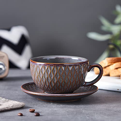 Coffeezone Vintage 12 oz Latte Art Cup & Saucer – Embossed Beige
