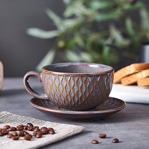 Coffeezone Vintage 12 oz Latte Art Cup & Saucer – Embossed Beige
