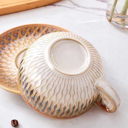 Coffeezone Vintage 12 oz Latte Art Cup & Saucer – Embossed Beige