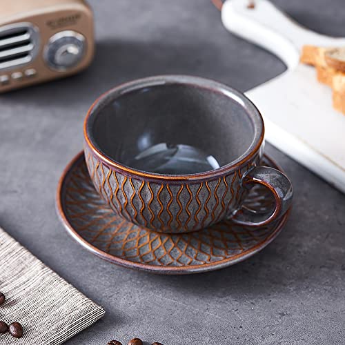 Coffeezone Vintage 12 oz Latte Art Cup & Saucer – Embossed Beige