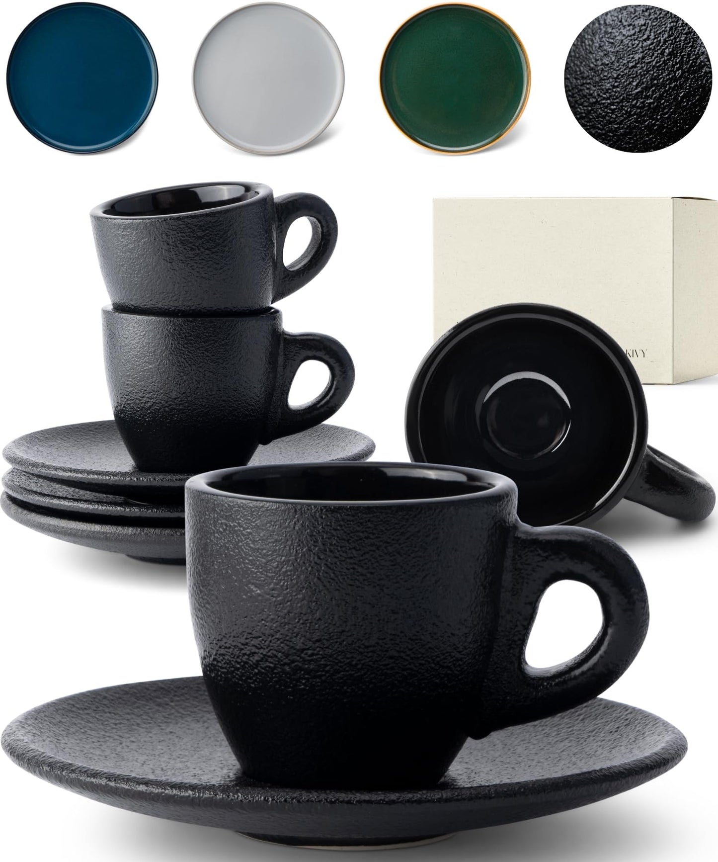 KIVY 3 oz Stoneware Espresso Cups & Saucers (Set of 4) – Blue