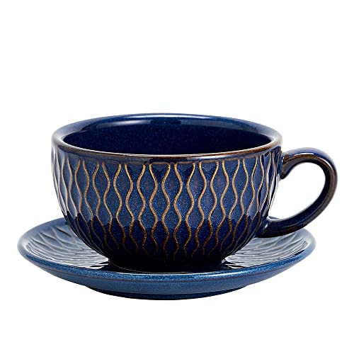 Coffeezone Vintage 12 oz Latte Art Cup & Saucer – Embossed Beige