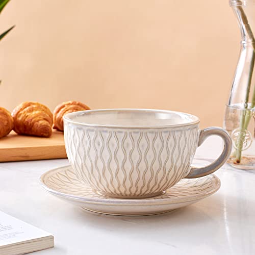 Coffeezone Vintage 12 oz Latte Art Cup & Saucer – Embossed Beige
