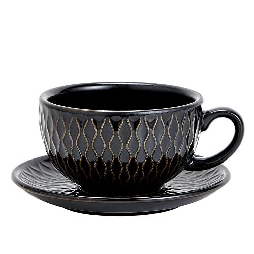 Coffeezone Vintage 12 oz Latte Art Cup & Saucer – Embossed Beige
