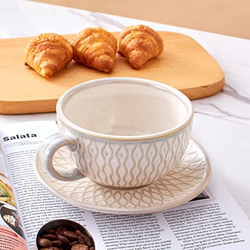 Coffeezone Vintage 12 oz Latte Art Cup & Saucer – Embossed Beige
