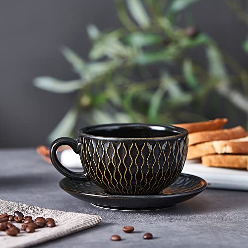 Coffeezone Vintage 12 oz Latte Art Cup & Saucer – Embossed Beige
