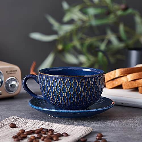 Coffeezone Vintage 12 oz Latte Art Cup & Saucer – Embossed Beige