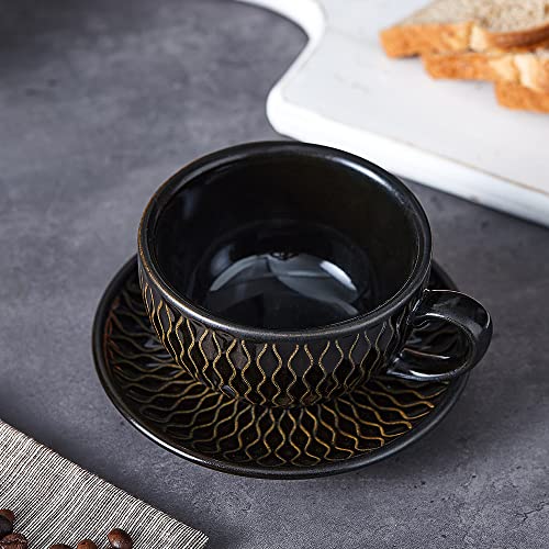 Coffeezone Vintage 12 oz Latte Art Cup & Saucer – Embossed Beige