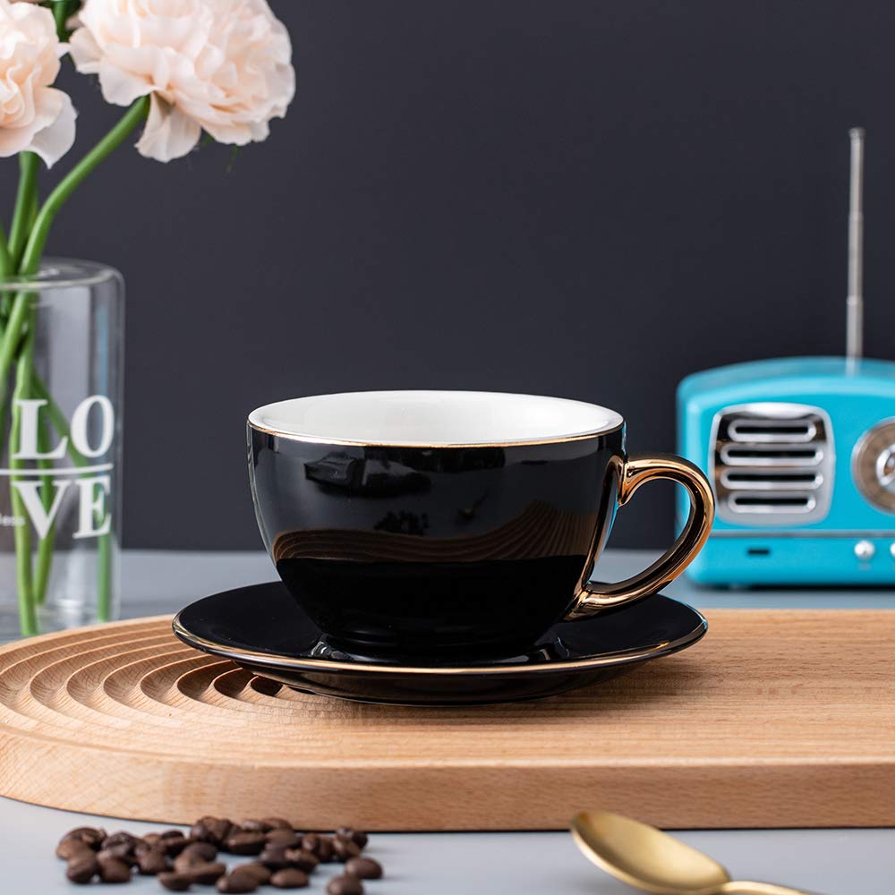 Coffeezone 10 oz Latte Art Cup & Saucer – Peacock Green (Gold Trim)
