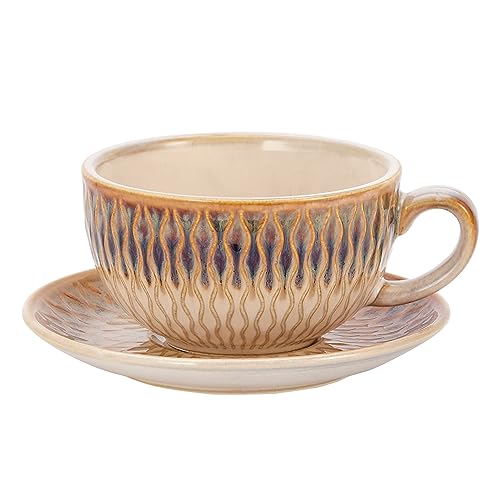 Coffeezone Vintage Design 12 oz Ceramic Latte Art Cappuccino Barista Cup with Saucer (Embossed Beige)