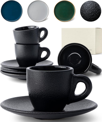 KIVY 3 oz Espresso cups set of 4 - Thick walled stoneware espresso cup set - Italian style espresso cups and saucers - Expresso shots cup - Espresso mugs - Espresso shot cups and saucers Blue