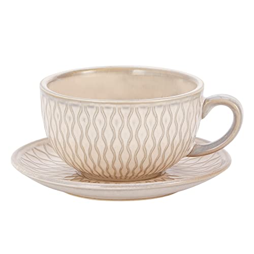 Coffeezone Vintage Design 12 oz Ceramic Latte Art Cappuccino Barista Cup with Saucer (Embossed Beige)