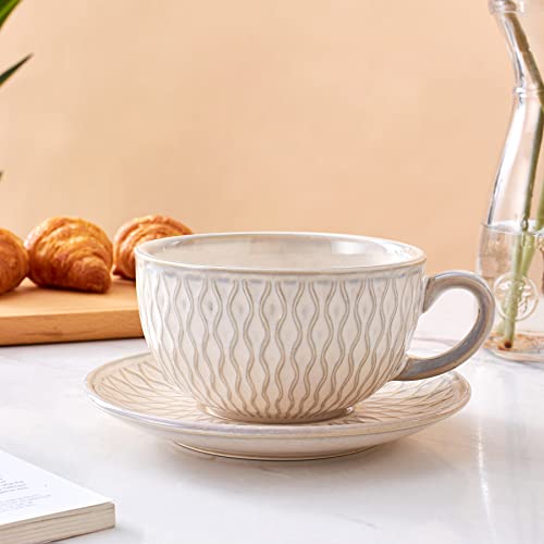 Coffeezone Vintage Design 12 oz Ceramic Latte Art Cappuccino Barista Cup with Saucer (Embossed Beige)