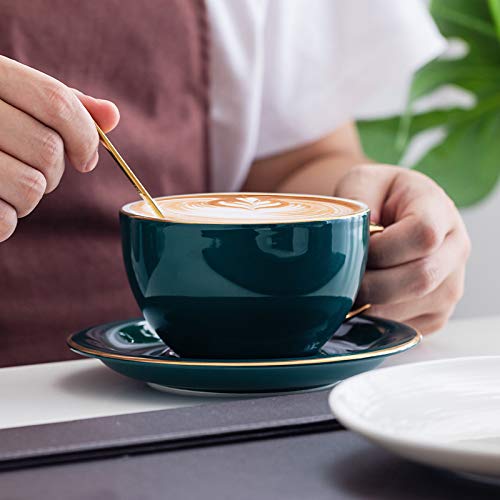 Coffeezone Luxury Gold 10 oz Thick Ceramic Latte Art Cappuccino Barista Cup with Saucer (Peacock Green)