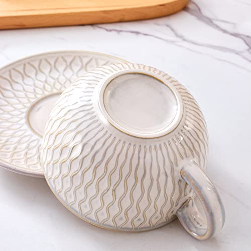 Coffeezone Vintage Design 12 oz Ceramic Latte Art Cappuccino Barista Cup with Saucer (Embossed Beige)