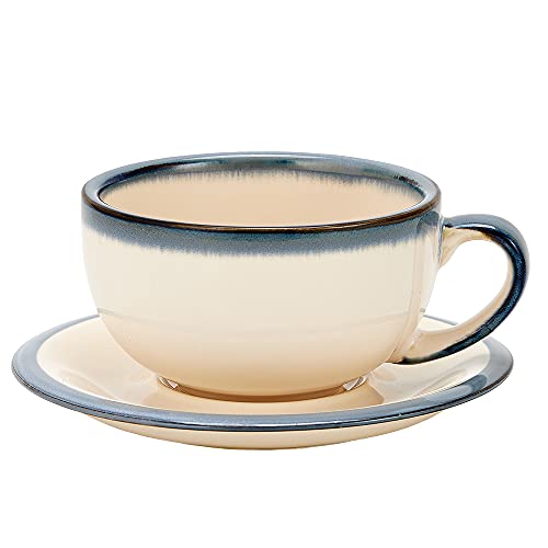 Coffeezone Vintage Design 12 oz Ceramic Latte Art Cappuccino Barista Cup with Saucer (Embossed Beige)