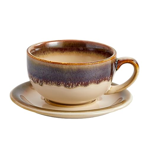 Coffeezone Vintage Design 12 oz Ceramic Latte Art Cappuccino Barista Cup with Saucer (Embossed Beige)