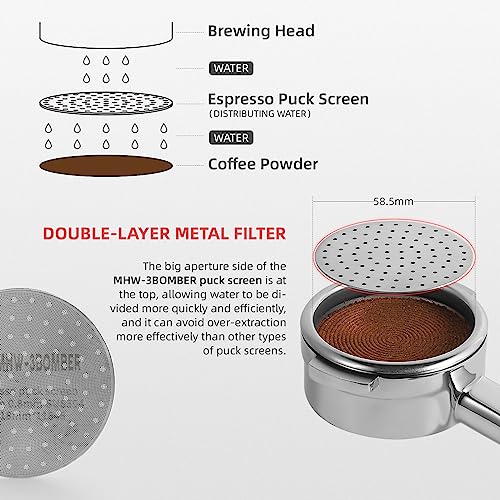 MHW-3BOMBER 58.5mm Espresso Puck Screen Metal Espresso Filter Reusable Coffee Filters for 58mm Portafilter Basket 0.8mm Thickness Titanium Coating Gold FG5587