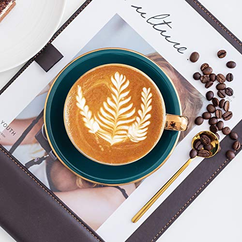 Coffeezone Luxury Gold 10 oz Thick Ceramic Latte Art Cappuccino Barista Cup with Saucer (Peacock Green)