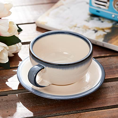 Coffeezone Vintage Design 12 oz Ceramic Latte Art Cappuccino Barista Cup with Saucer (Embossed Beige)