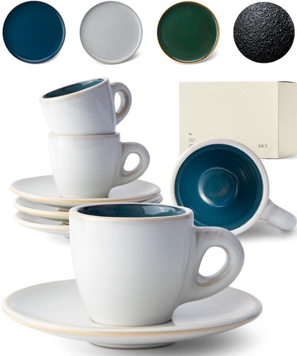 KIVY 3 oz Espresso cups set of 4 - Thick walled stoneware espresso cup set - Italian style espresso cups and saucers - Expresso shots cup - Espresso mugs - Espresso shot cups and saucers Blue