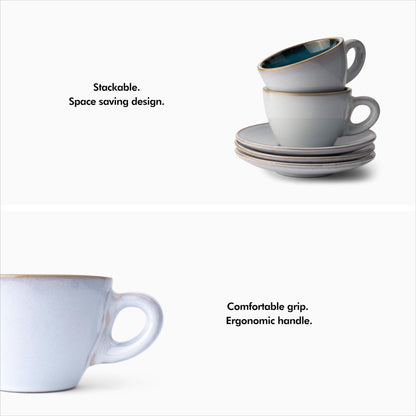 KIVY 3 oz Espresso cups set of 4 - Thick walled stoneware espresso cup set - Italian style espresso cups and saucers - Expresso shots cup - Espresso mugs - Espresso shot cups and saucers Blue