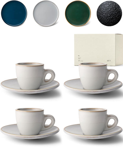 KIVY 3 oz Espresso cups set of 4 - Thick walled stoneware espresso cup set - Italian style espresso cups and saucers - Expresso shots cup - Espresso mugs - Espresso shot cups and saucers Blue