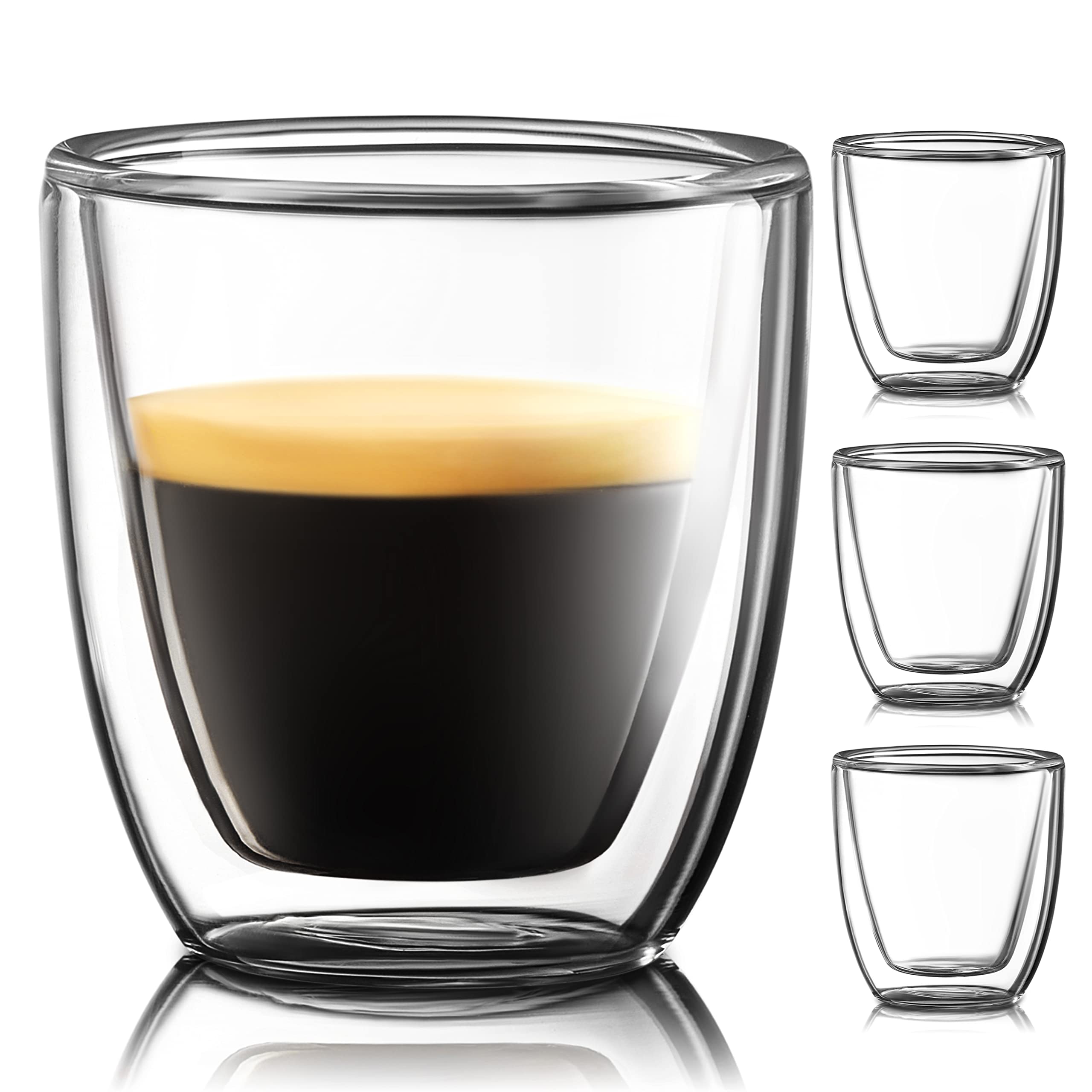Glass Espresso Cups Set of 4 - Double Walled Espresso Cups 2.7 OZ - Wide Italian Style Clear Doppio Espresso Cup - Double Espresso Cups - Espresso Accessories Small Double Wall Expresso Coffee Cup