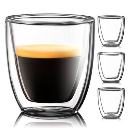 Glass Espresso Cups Set of 4 - Double Walled Espresso Cups 2.7 OZ - Wide Italian Style Clear Doppio Espresso Cup - Double Espresso Cups - Espresso Accessories Small Double Wall Expresso Coffee Cup
