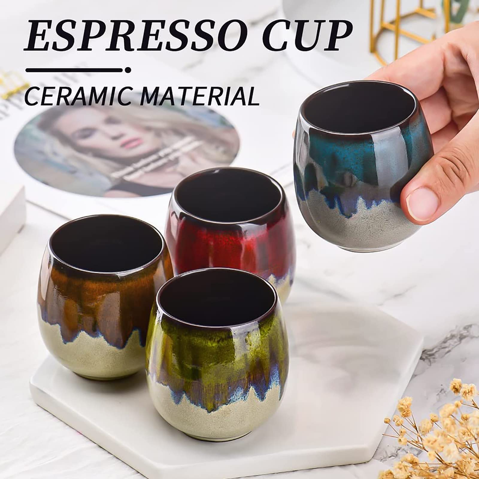 FLJZCZM Espresso Cups Ceramic Cup Espresso Coffee Cup Small Tea Cups Tasting Cups Ceramic Mate Cup (2 x 3Oz, Brown)