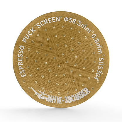 MHW-3BOMBER 58.5mm Espresso Puck Screen Metal Espresso Filter Reusable Coffee Filters for 58mm Portafilter Basket 0.8mm Thickness Titanium Coating Gold FG5587