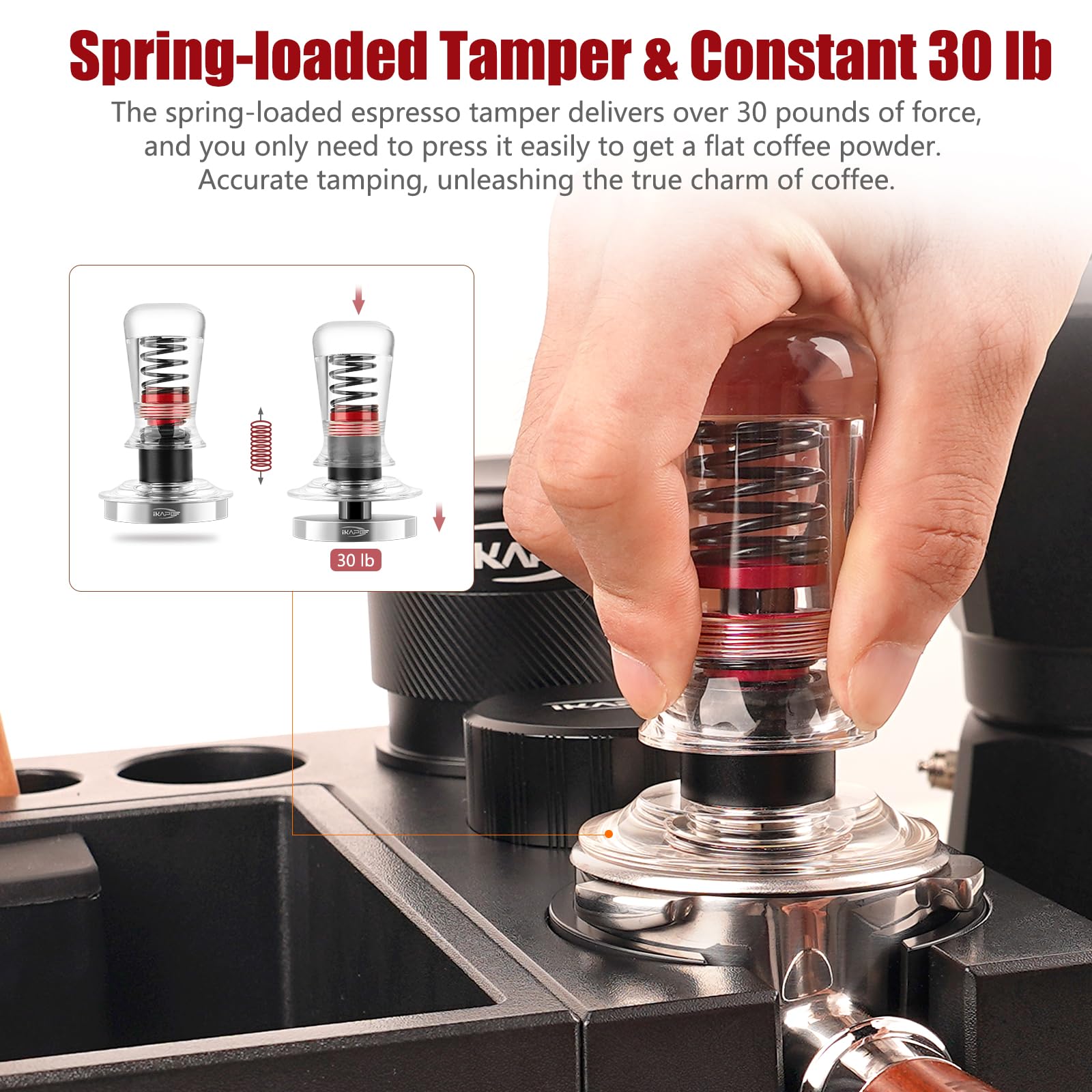 IKAPE 53.3mm Ace Transparent Espresso Coffee Tamper, Spring-loaded Calibrated Tamper with Premium Flat Stainless Steel Base, Coffee Tamper Compatible with 54 Breville Espresso Bottomless Portafilter