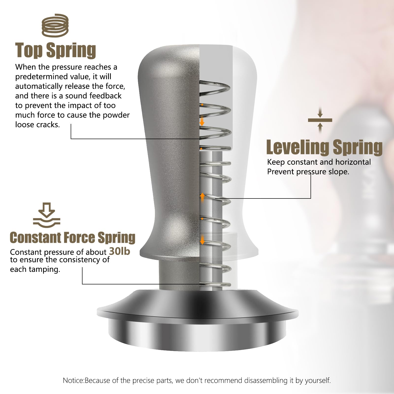 IKAPE 53.3mm Ace Transparent Espresso Coffee Tamper, Spring-loaded Calibrated Tamper with Premium Flat Stainless Steel Base, Coffee Tamper Compatible with 54 Breville Espresso Bottomless Portafilter