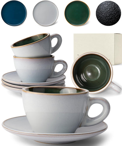 KIVY 3 oz Espresso cups set of 4 - Thick walled stoneware espresso cup set - Italian style espresso cups and saucers - Expresso shots cup - Espresso mugs - Espresso shot cups and saucers Blue