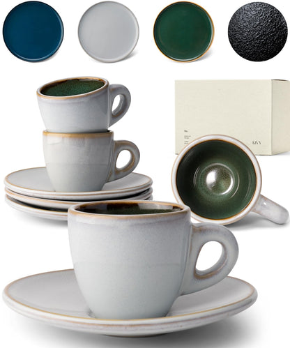 KIVY 3 oz Espresso cups set of 4 - Thick walled stoneware espresso cup set - Italian style espresso cups and saucers - Expresso shots cup - Espresso mugs - Espresso shot cups and saucers Blue
