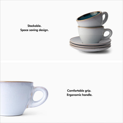 KIVY 3 oz Espresso cups set of 4 - Thick walled stoneware espresso cup set - Italian style espresso cups and saucers - Expresso shots cup - Espresso mugs - Espresso shot cups and saucers Blue