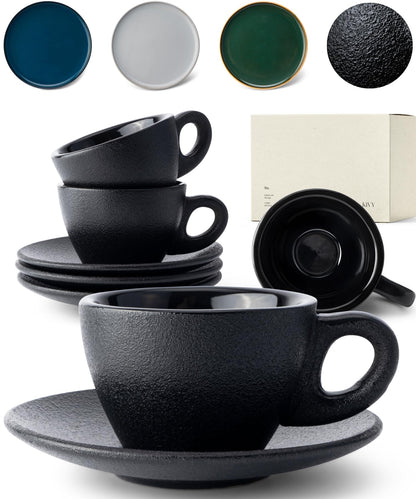 KIVY 3 oz Espresso cups set of 4 - Thick walled stoneware espresso cup set - Italian style espresso cups and saucers - Expresso shots cup - Espresso mugs - Espresso shot cups and saucers Blue