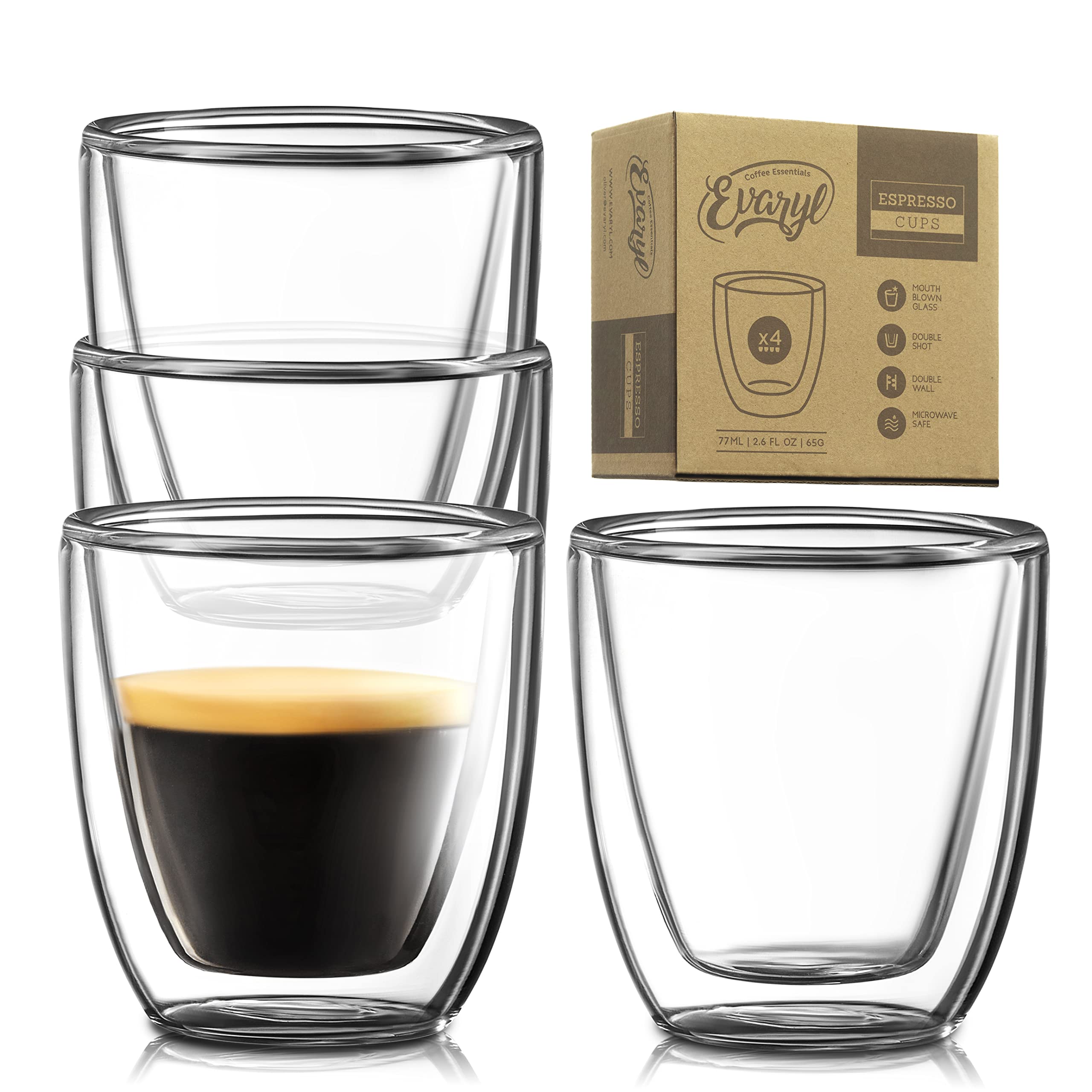 Glass Espresso Cups Set of 4 - Double Walled Espresso Cups 2.7 OZ - Wide Italian Style Clear Doppio Espresso Cup - Double Espresso Cups - Espresso Accessories Small Double Wall Expresso Coffee Cup